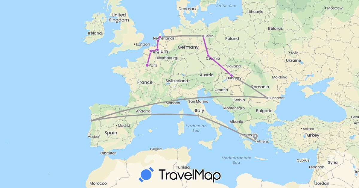TravelMap itinerary: driving, plane, train in Belgium, Czech Republic, Germany, France, Greece, Hungary, Italy, Netherlands, Portugal, Romania (Europe)