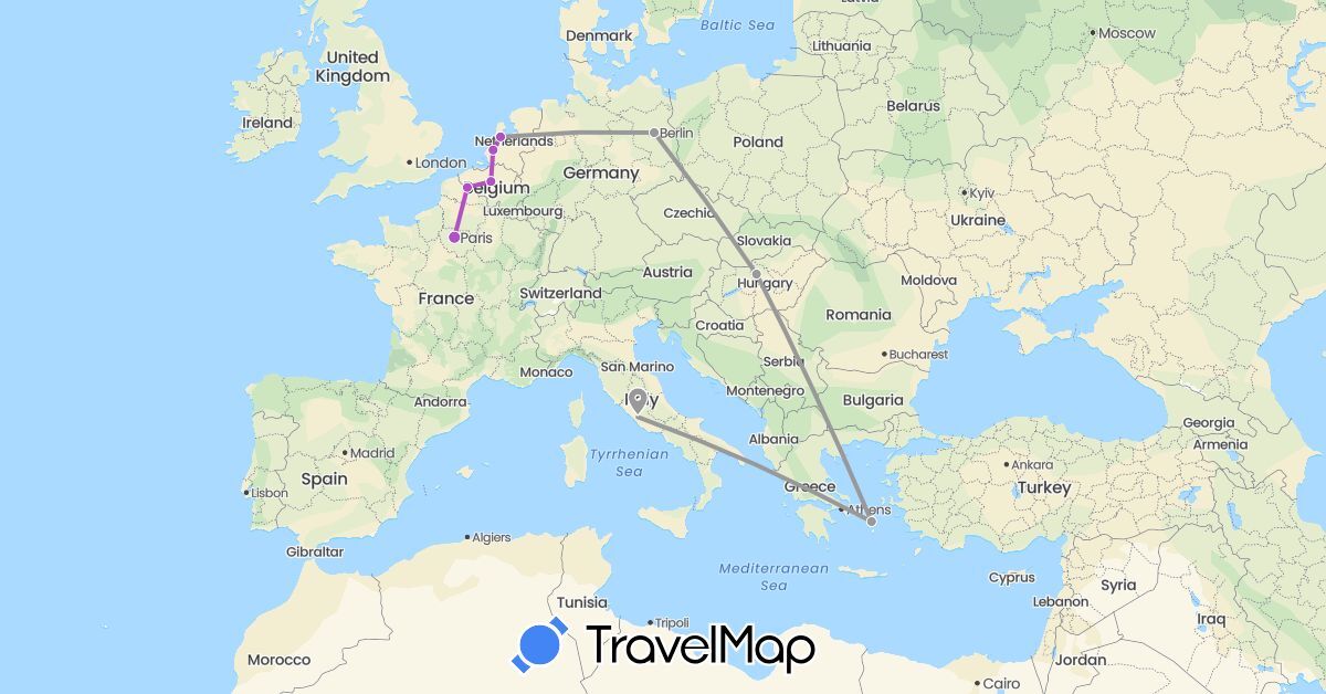 TravelMap itinerary: driving, plane, train in Belgium, Germany, France, Greece, Hungary, Italy, Netherlands (Europe)
